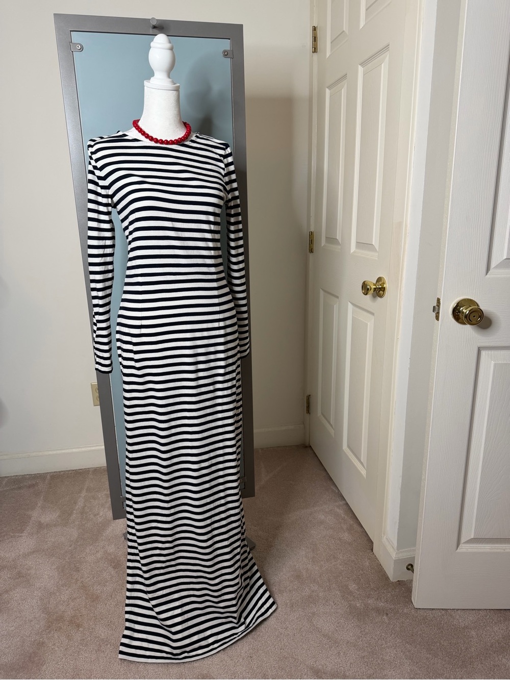 J. Crew Navy & White Striped Long Sleeve Maxi Dress